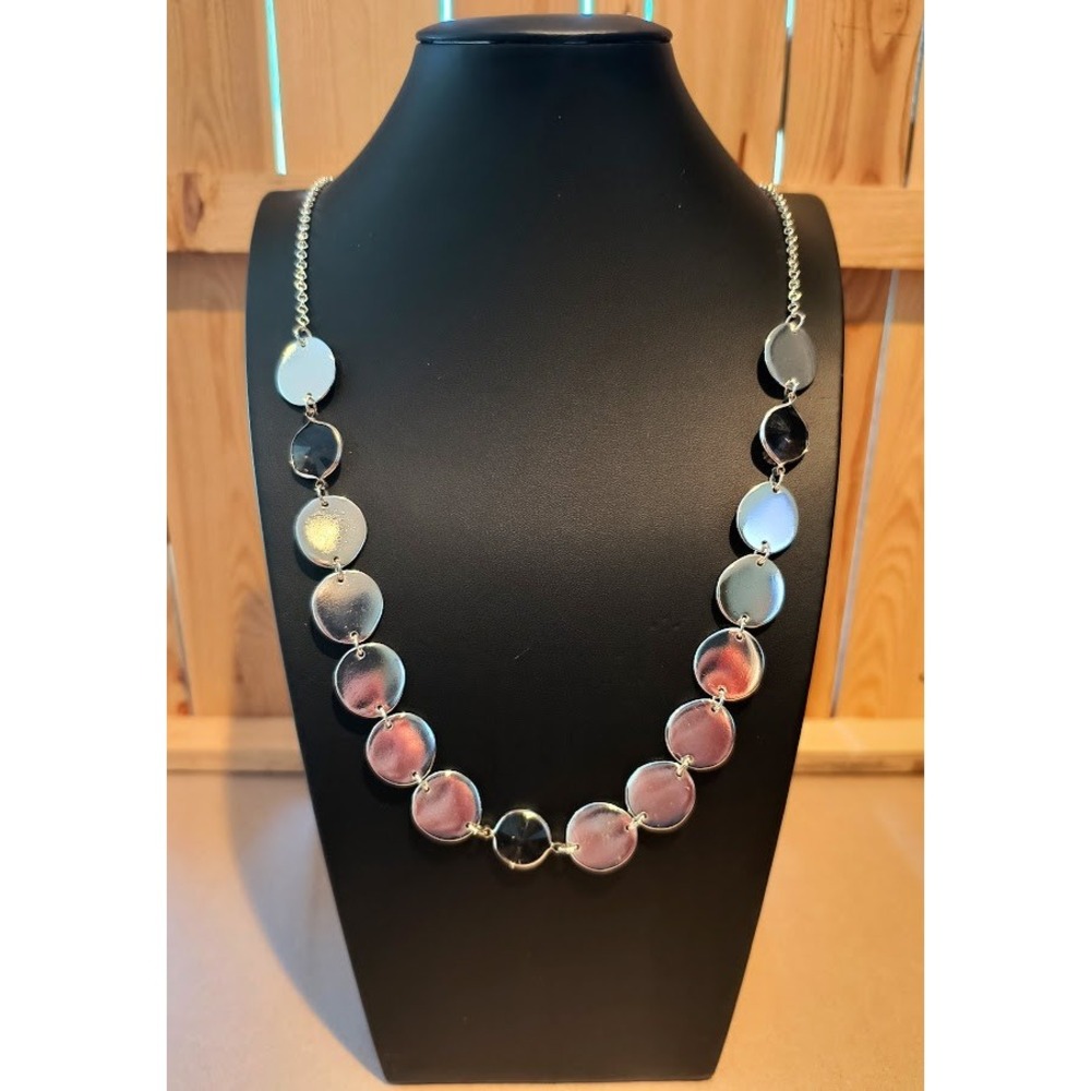 New Silver‎ Tone Gray Round Disc Long Necklace Modern Geometric Minimalist 34"